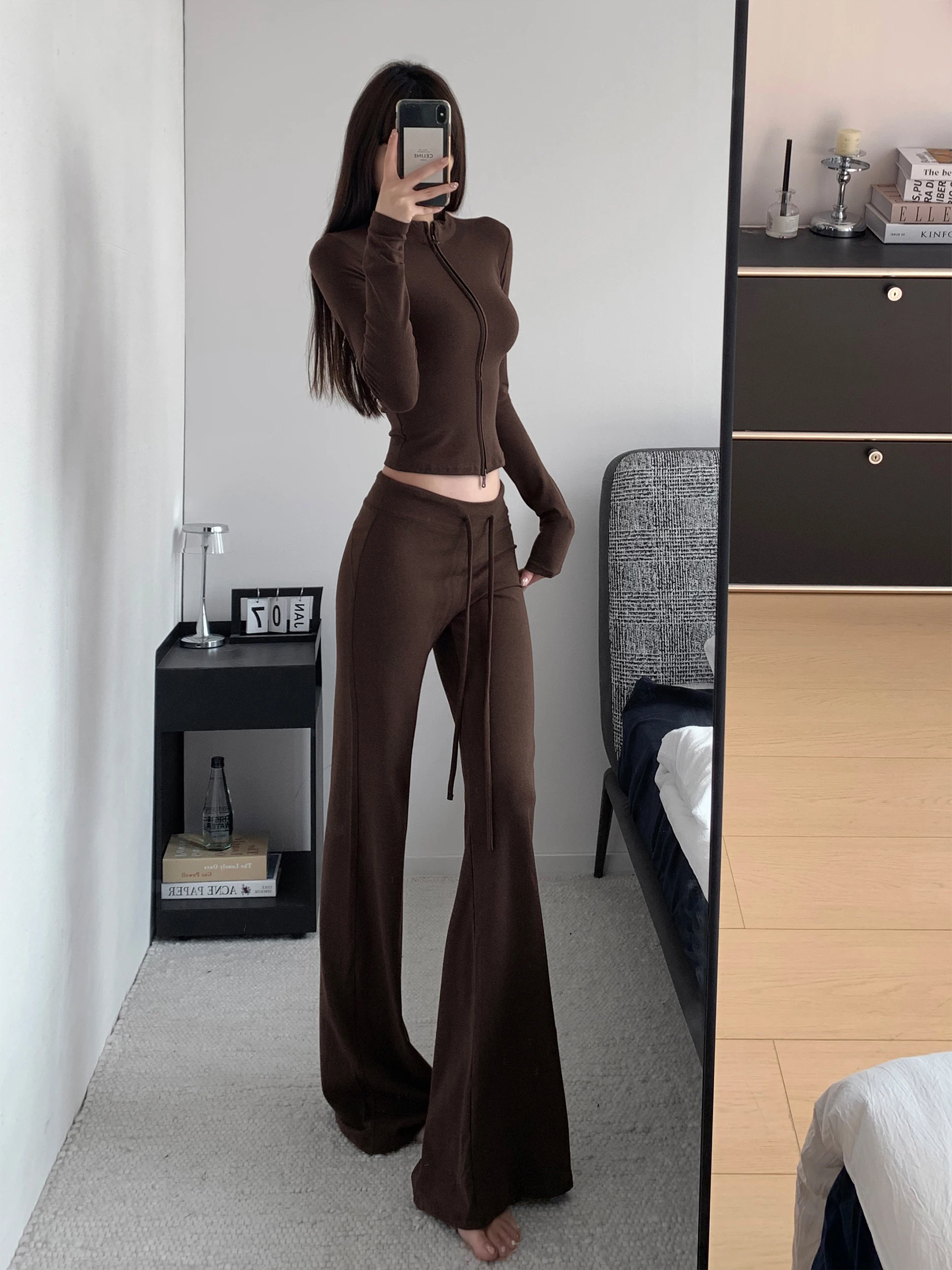 

Zhang Zi Short Stand Collar Open Cardigan Slimming Micro Flare Straight Leg Pants Two Piece Set Women's Fashion Spring Wear