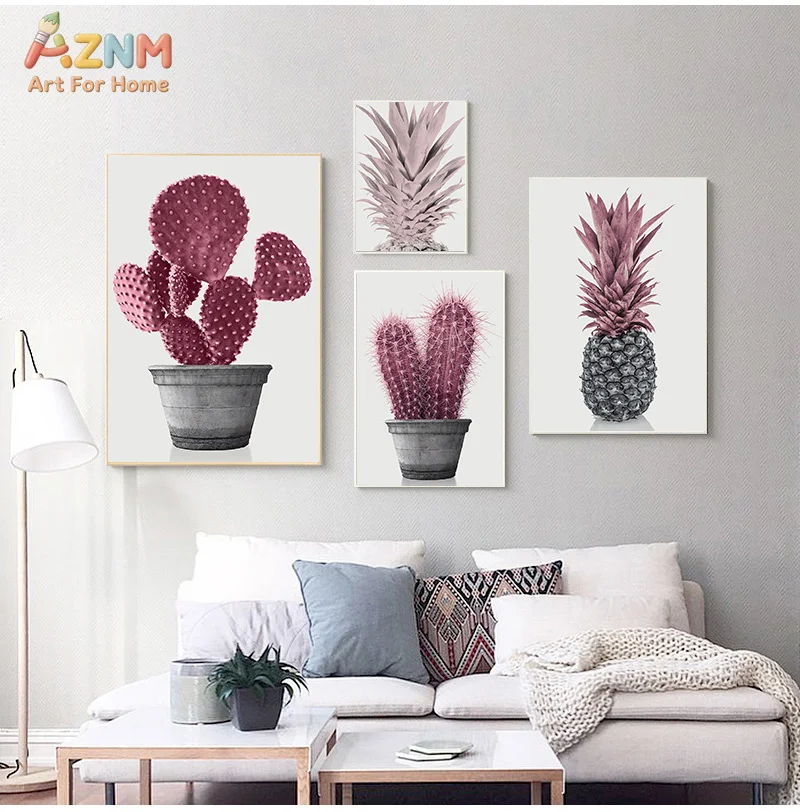 AZNM Pink Cactus and Pineapple Canvas Print Minimalist Tropical Wall Art Decor