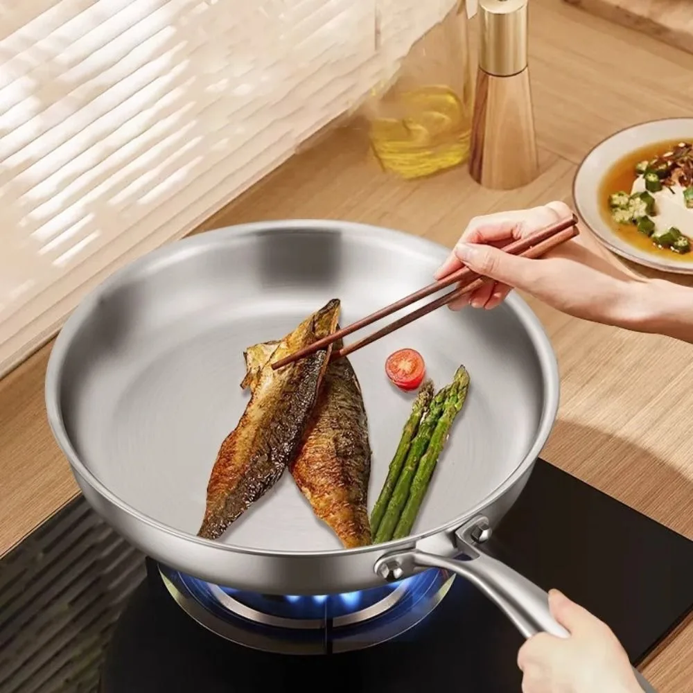 

Durable Uncoated Stainless Steel Frying Pan Flat Bottom Nonstick Saucepan Universal Thickened Fried Steak Pot Induction Cooker