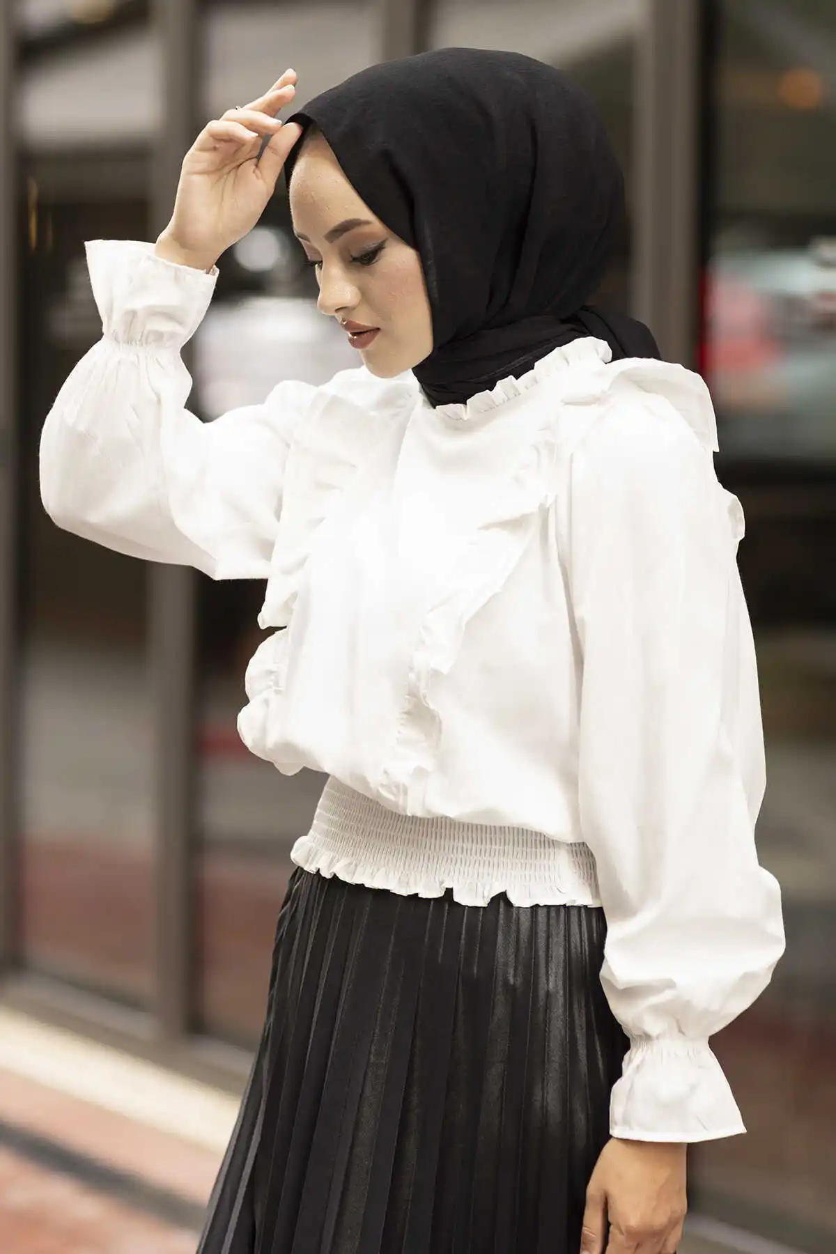 Front Frilled Blouse MD-White Winter Autumn 2021 Muslim Women Hijab headscarf Islamic Turkey