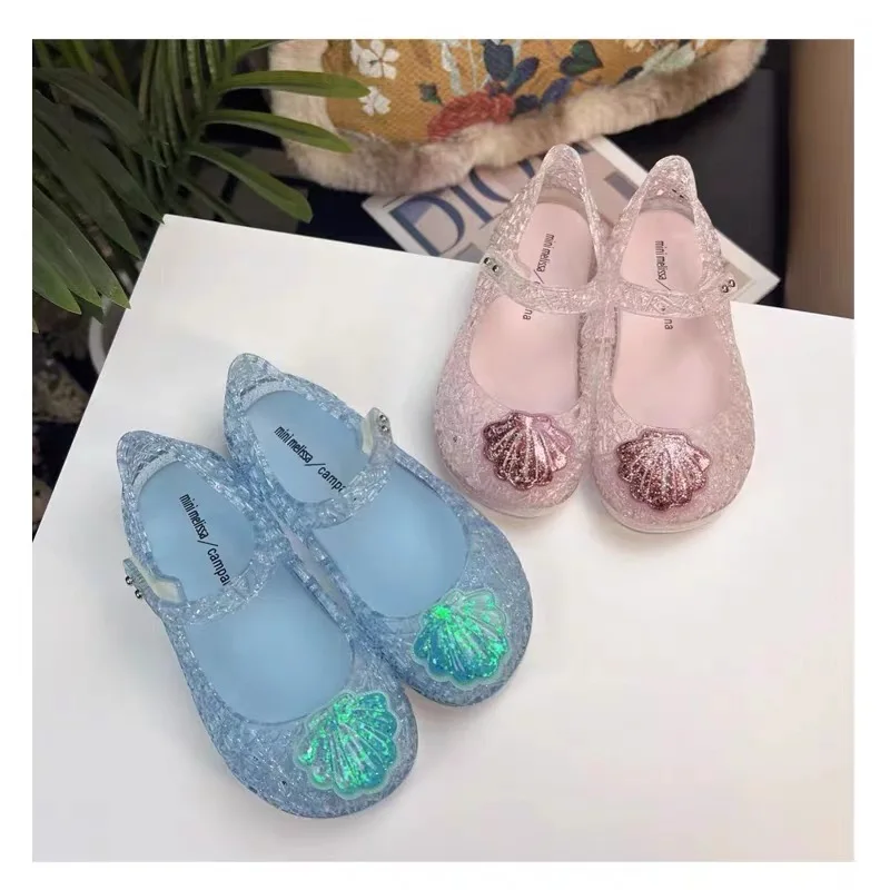 Mini Melissa Kids Shining Shell Hole Shoes Girl's Love Flowing Sand Beach Shoes Children's Soft Sole Single Shoes Princess Toddl