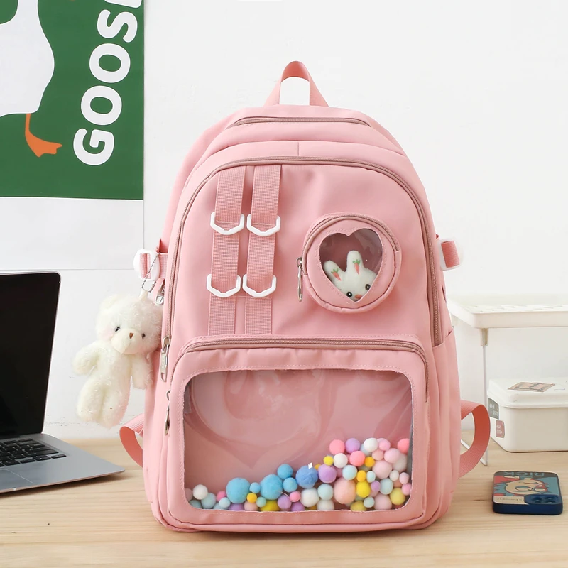 Large Capacity Solid Color Convenient Visual Pocket Zipper Nylon School Bag 2024 Hot Sale Bags for Girls and Boys Bolsos Colegio