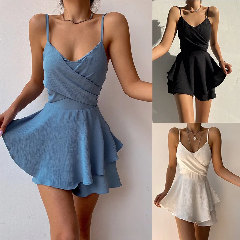 

2024 Slim Suspender Strap Sexy Jumpsuits Y2k Solid Ruffles Rompers Summer Casual Threaded Slip Playsuits Female Elegant Clothes