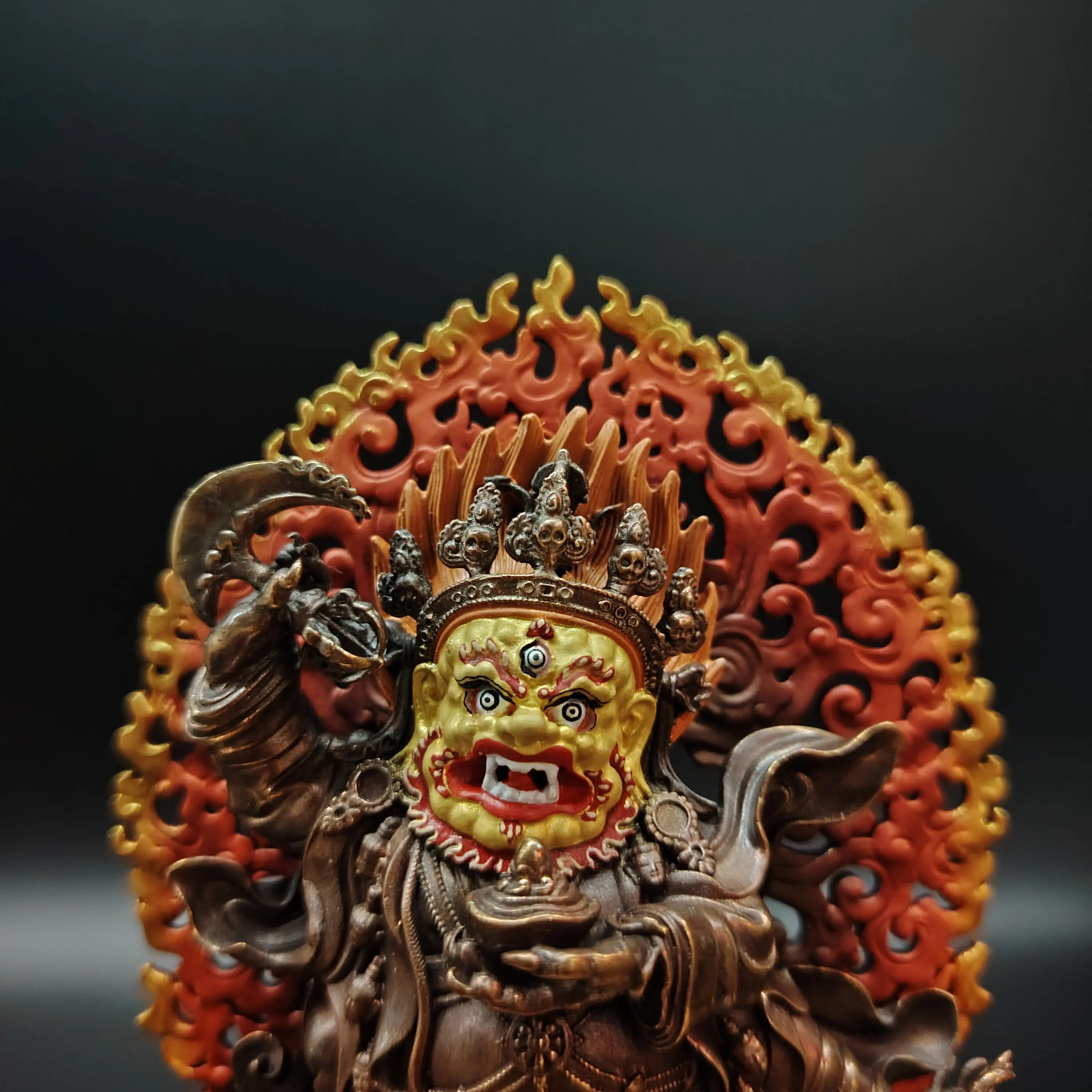 New Tibetan Pure Copper Two-Arm Black Cloak Mahakala Painted Face Handmade Statue 12cm Altar Blessing