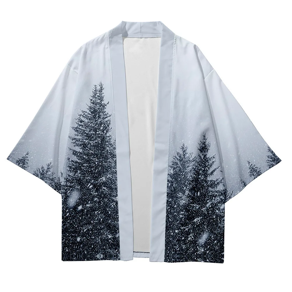 Chemise hawaïenne à imprimé forêt pour hommes et femmes, vêtements asiatiques, cardigan traditionnel Haori Kimono, Streetwear japonais, vêtements de plage