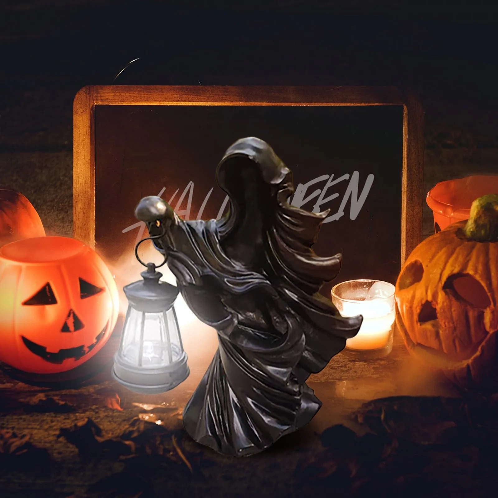 Halloween Ghost Statue With Lantern Faceless Witch Hell Messenger Realistic Resin Ghost Sculpture For Home Scary Decorations