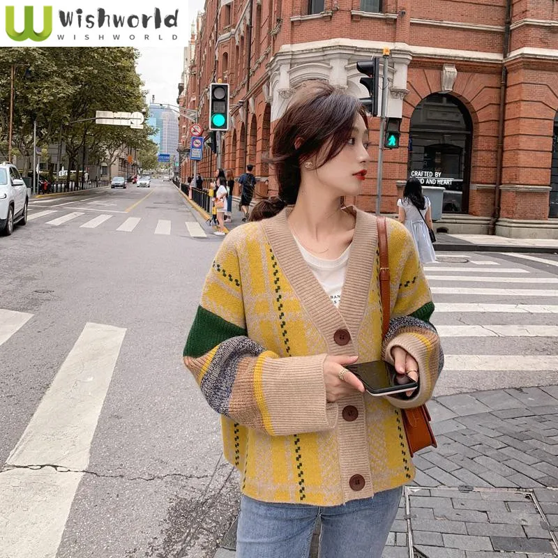 2022 New Color Contrast Cardigan Antique Sweater Women's Loose Retro Hong Kong Style Lazy Knitted Jacket Spring and Autumn