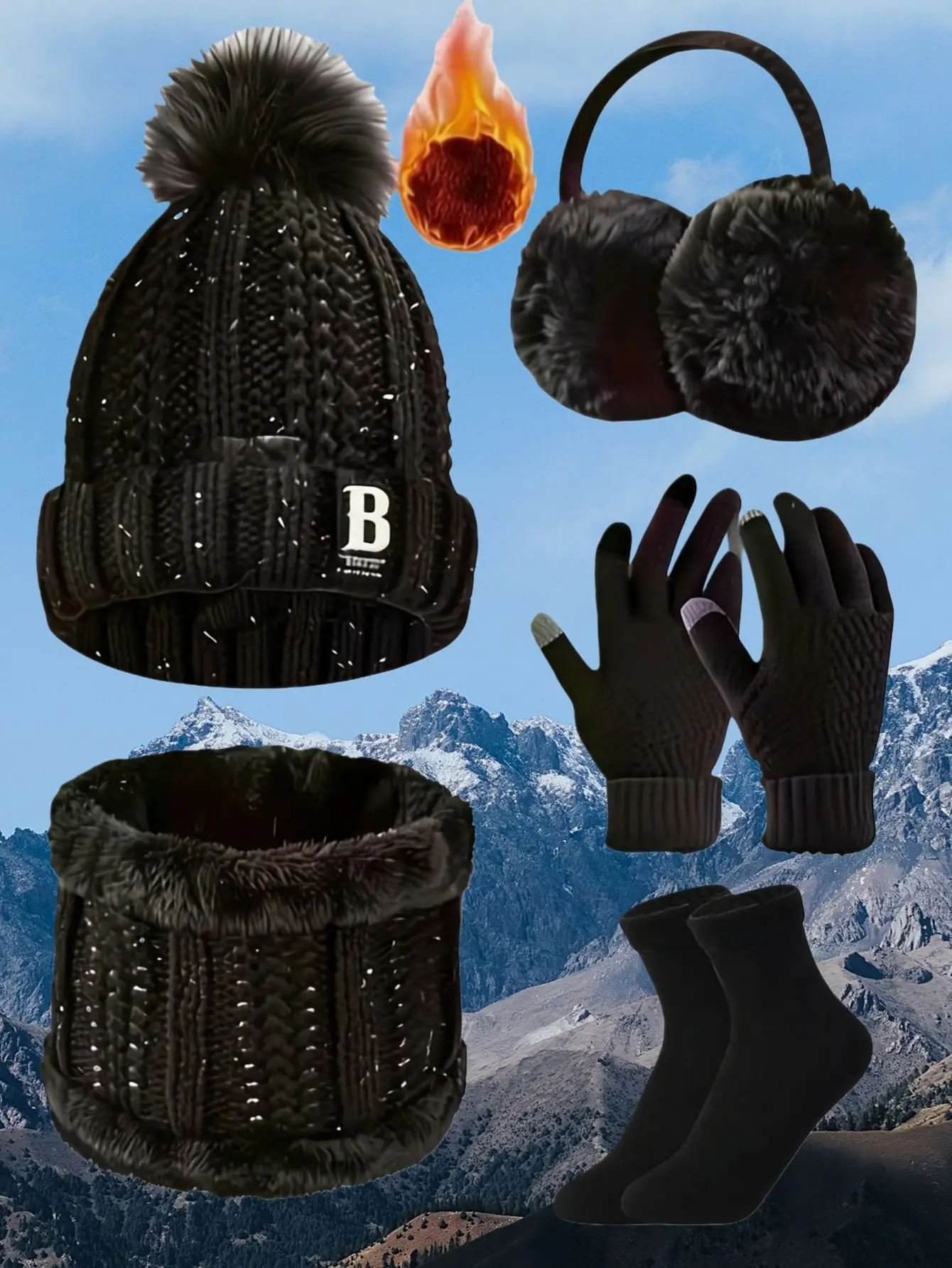 Immagine 5: Set multipezzi unisex invernale caldo e alla moda con cappello ispessito, scaldacollo, guanti, paraorecchie e calzini