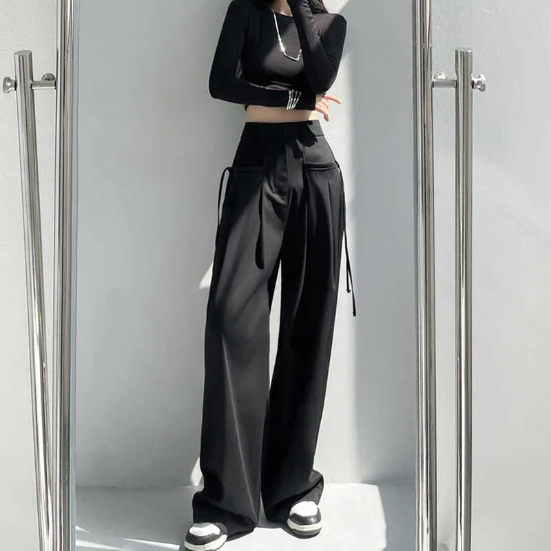 Casual Wide Leg Pants Women High Waist Street Basic Loose Sweat Trousers Korean Retro Gray Office Y2K Lady Pants