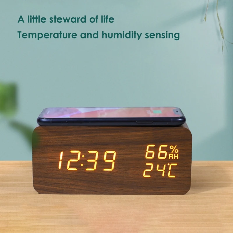 Snooze Digital Temperature And Humidity Alarm Clock LED Electronic Clock Smartphone 10W Wireless Charger