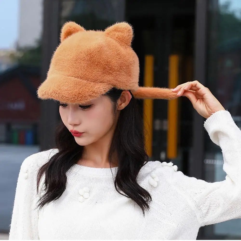 

1pcs Cute Baseball Cap With Tail Artificial Luxury Warm Winter Hat Fashion Visors False Mink Fur Caps Women Plush Women's Hats