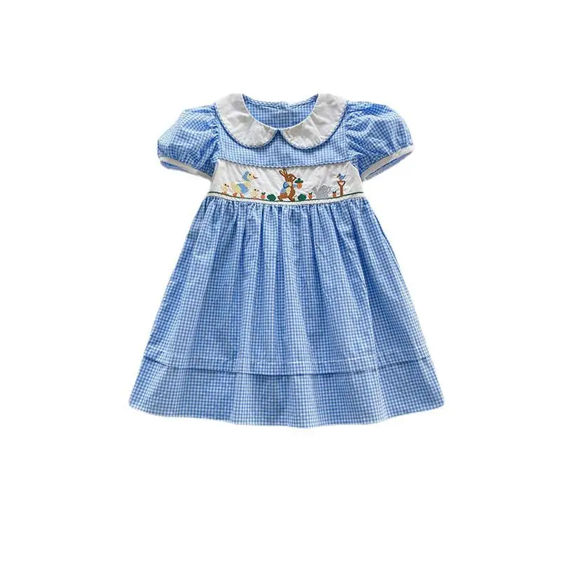 Summer Animal Embroidery Plaid Girl\'s Dress Lace Edge Doll Lapel Bubble Sleeve Children\'S Dress Cute Plaid Baby Kids Clothing