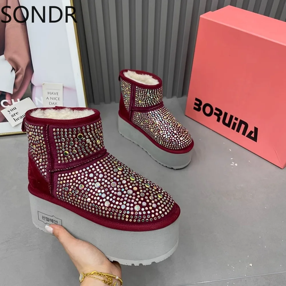 Womens Genuine Leather Ankle Boots Rhinestones Rivet Platform High Heel Warm Winter Snow Thick Shoes 5Colors