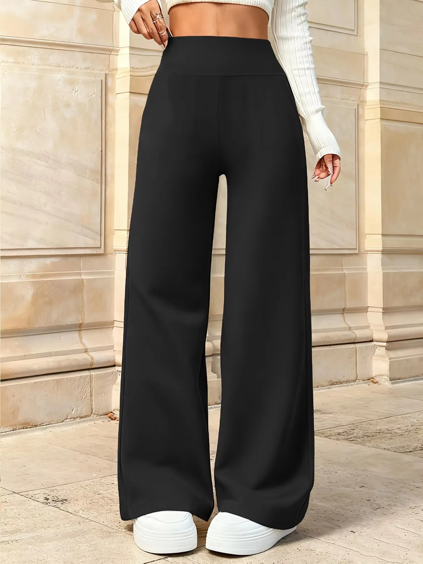 Korean Fashion High-Waisted Full-Length Wide-Leg Straight-Leg Casual Pants Women's Daily Office Commute Wear Ladies' Pants