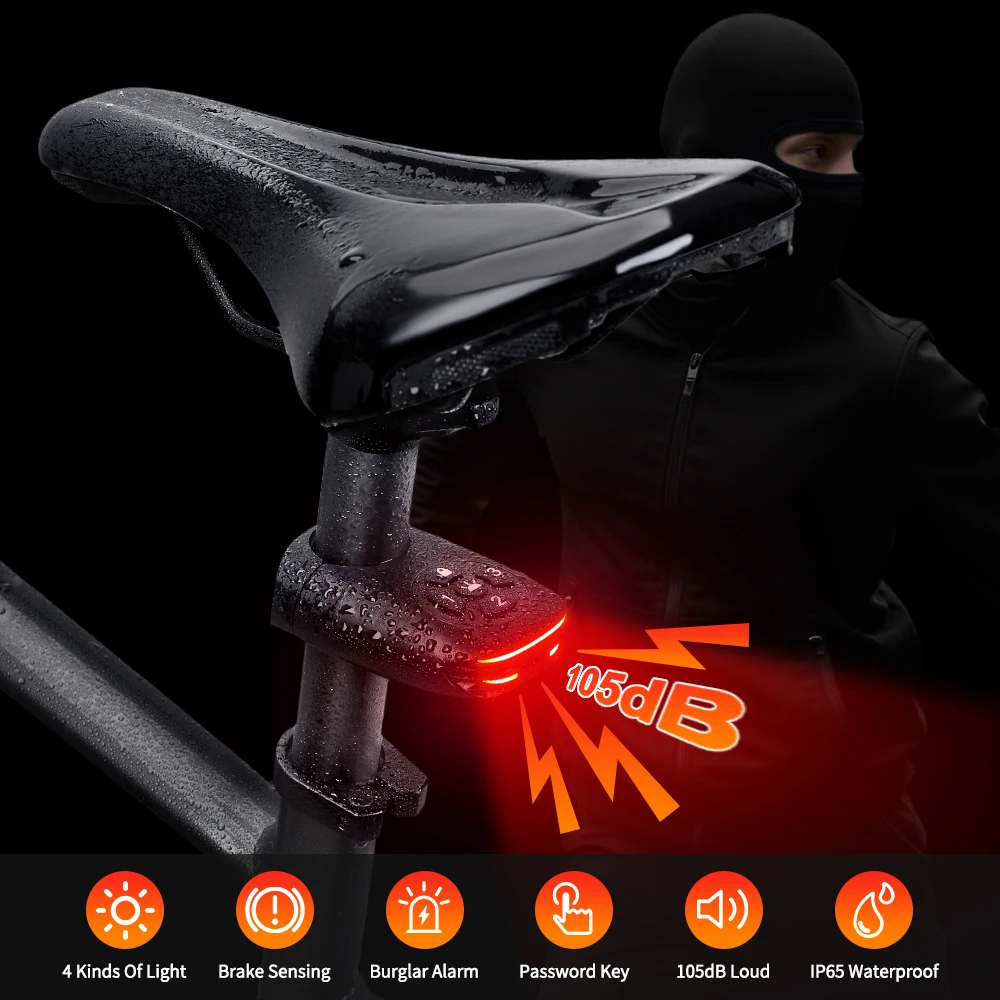 

Smart Alarm Waterproof Cycling Tail Light Anti theft Alarm Bike Rear Light 105dB Viration Brake Sensor Warning Alarm