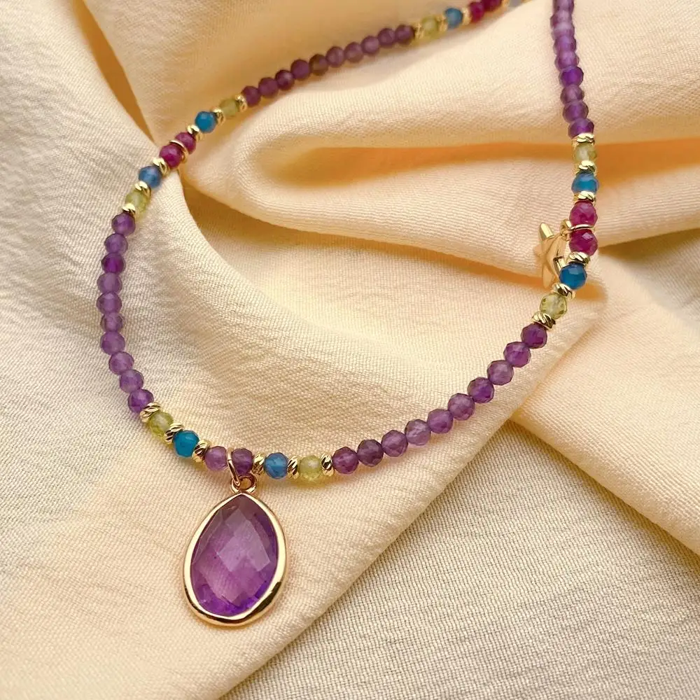 KKGEM3mm 작은 페르시 마노 루비 페리도트 초커 12x15mm 보라색 자수정 펜던트 참 목걸이 천연석 쥬얼리