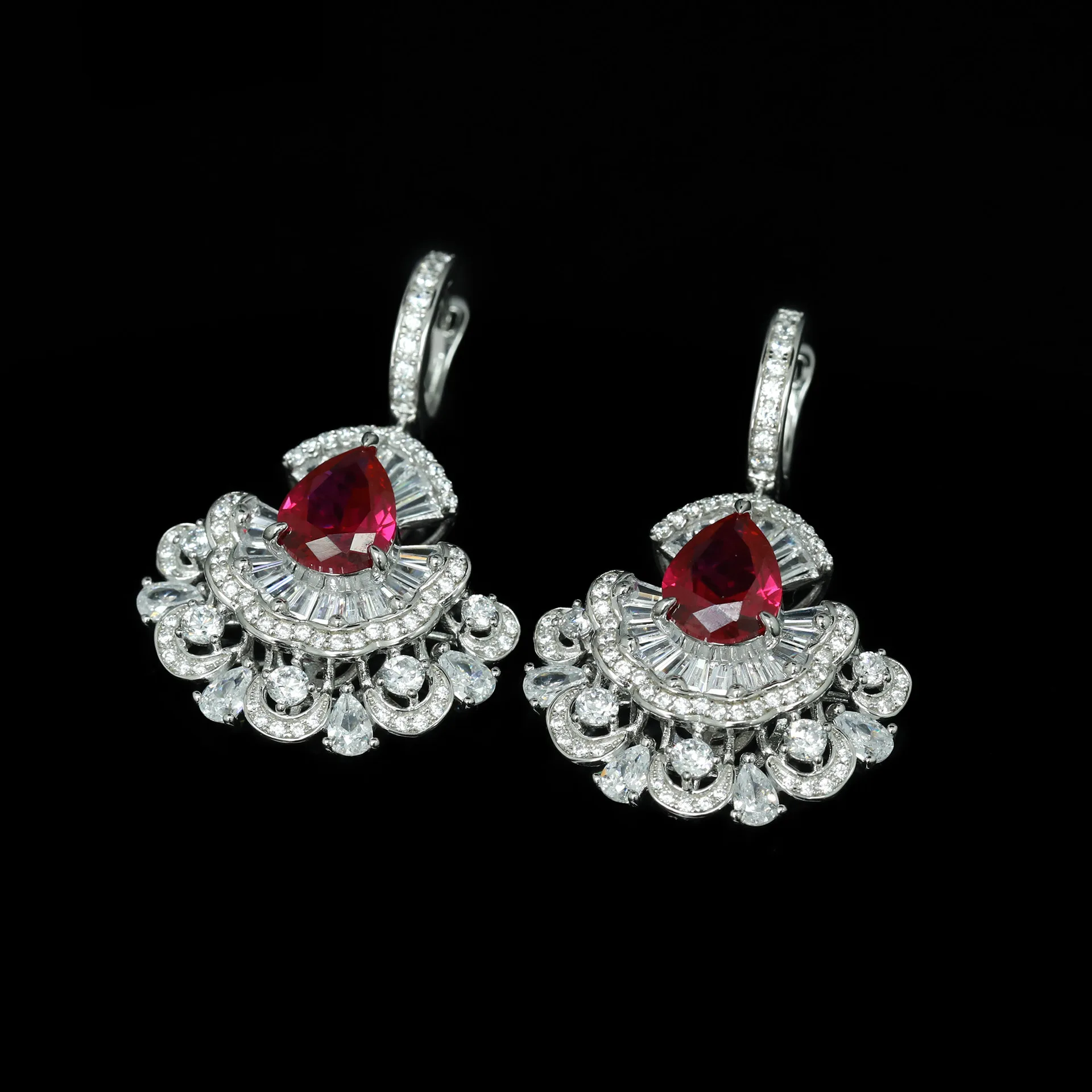 Fan Design 2ct Pear Cut Lab Created Ruby Vintage Dangle Earrings for Women Wedding Party 925 Sterling Silver Gold Plated Jewelry