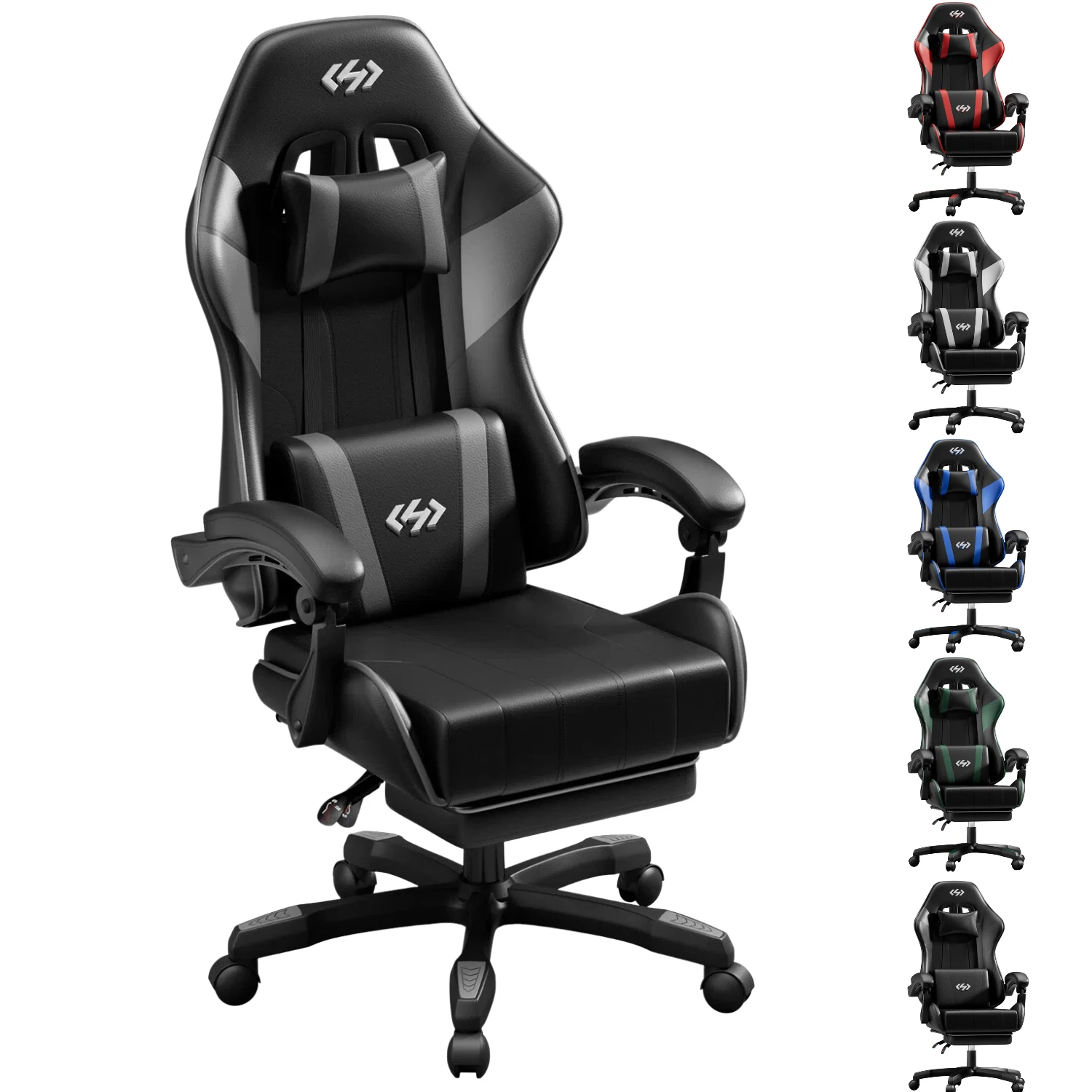 Silla para videojuegos, silla ergonómica para oficina y computadora con soporte lumbar, reposapiés y reposacabezas, altura ajustable y ángulo del respaldo, silla para videojuegos, cuero PU, 360 °   Silla Giratoria, Adulto, Negra