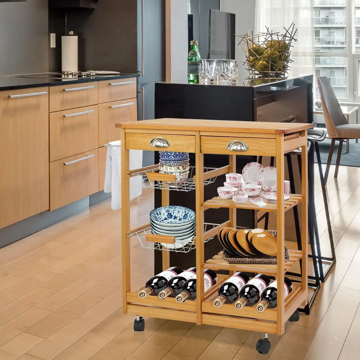 ier Rolling Kitchen Island Trolley Utility Wood Kitchen Storage Cart Microwave Cart W/Towel Rack, Drawers, Shelves, 6 Bottle