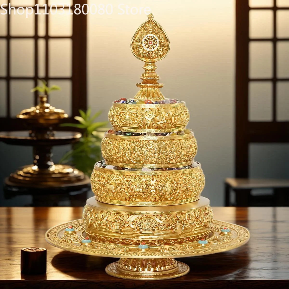 Brass Engraved 37-Heap Mandala Offering Set Tibetan Buddhist Mandala Offering Plate, Traditional Ritual Altar Decor,33m,24cm