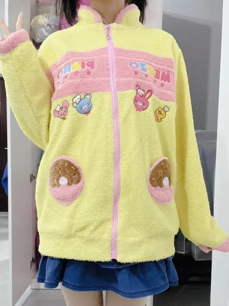 Japanese Kawaii Cartoon Embroidery Hoodies Women Y2k Aesthetic Lamb Wool Cute Sweatshirts Patchwork Zipper Casual Loose Hoody