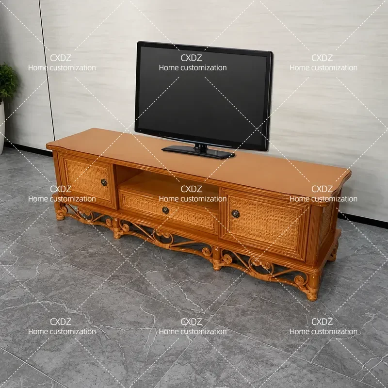 Natural Rattan TV Cabinet 1.8m Long Floor Standing Media Console Storage Unit Desktop Display Stand Wicker Art Furniture for