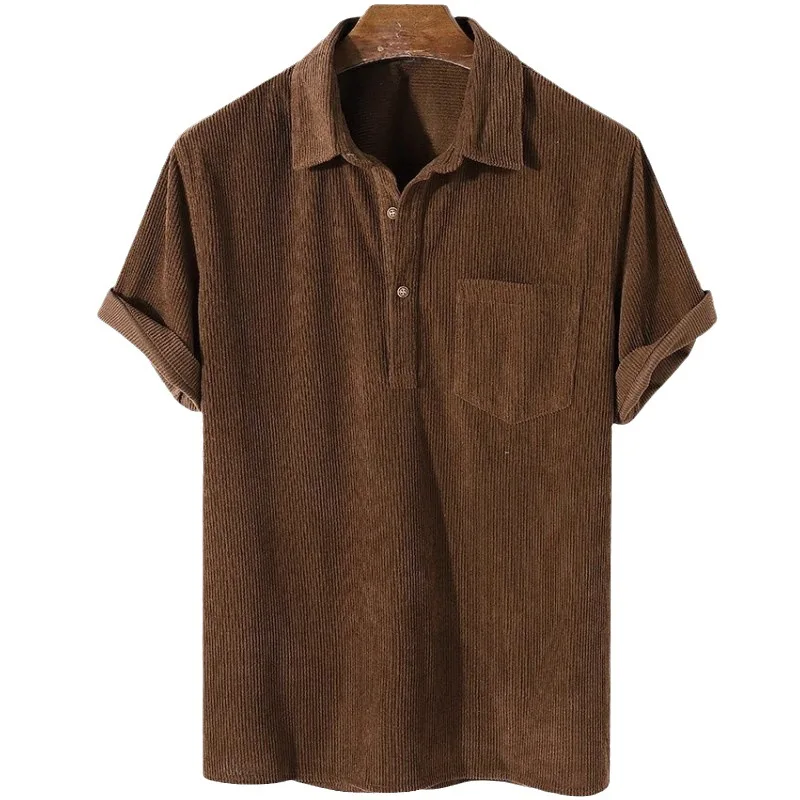 

2026 Men's Summer Corduroy Short Sleeve Shirt Fashion Casual Streetwear Solid Lapel Loose Pullover Retro Simple Tops for Men