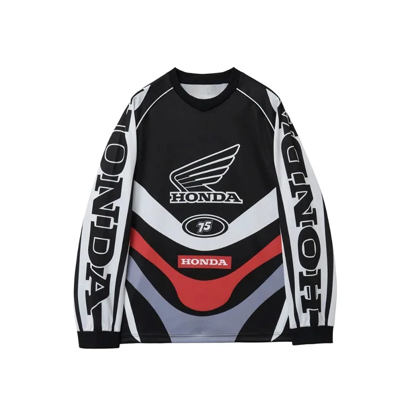 Summer New Family Matching  Black V-Neck Long Sleeved Racing Suit Motocross Oversized Breathable Casual Sports Top MenWomen