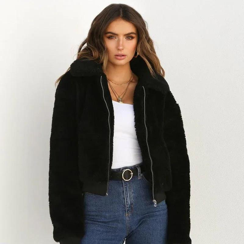 Women Thick Warm Teddy Bear Pocket Fleece Jacket Coat Zip Up Outwear Overcoat Winter Soft Fur Jacket Female Plush Coat Elegant