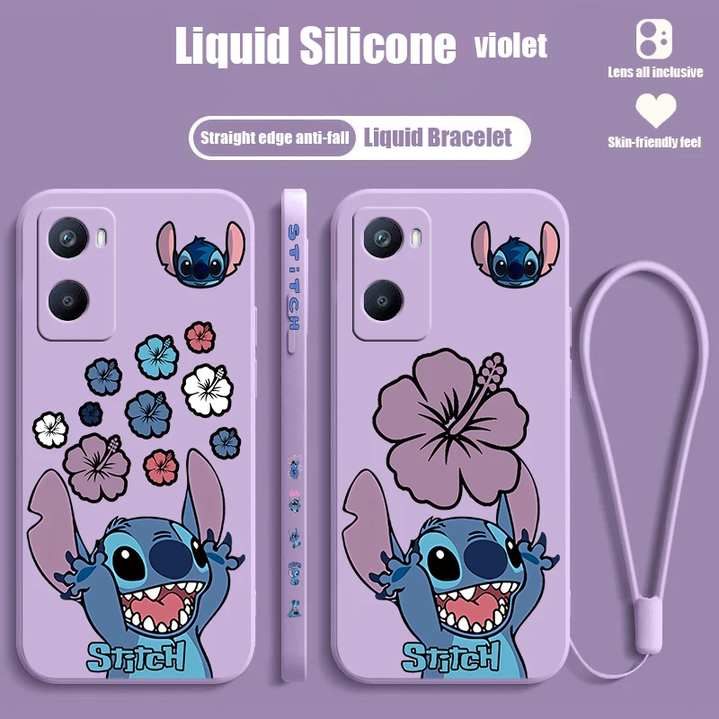 Disney Stitch Flower For OPPO A98 A96 A94 A93 A77S A76 A74 A73 A72 A57E S A56S Liquid Left Rope Silicone Phone Case