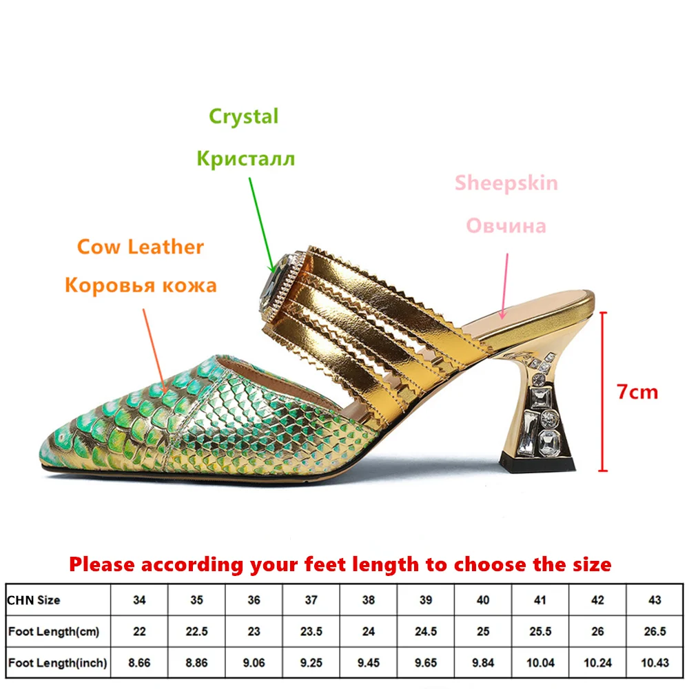 Aucegi Women Genuine Leather Kitten Heels Slingback Mules Rhinestone Decorations Pointed Toe Slip On Dress Manual Made Shoes