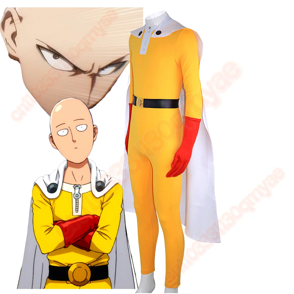 

Saitama Cosplay Yellow Jumpsuit with White Long Cloak Red Gloves Blet Costumes Superhero Men Boys Halloween Outfits Suit Auldt