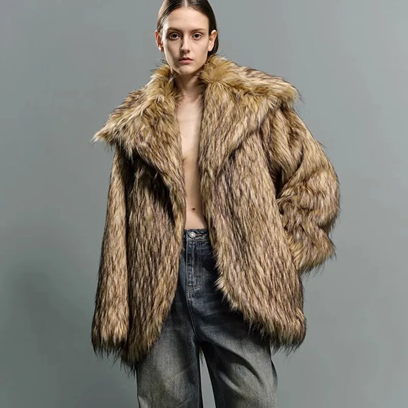 

Men's Women's Large Collar Lapel Eco-friendly Fur Coat Fluffy Winter Warm Faux Raccoon Fur Thicken Mid-length Overcoat Casual