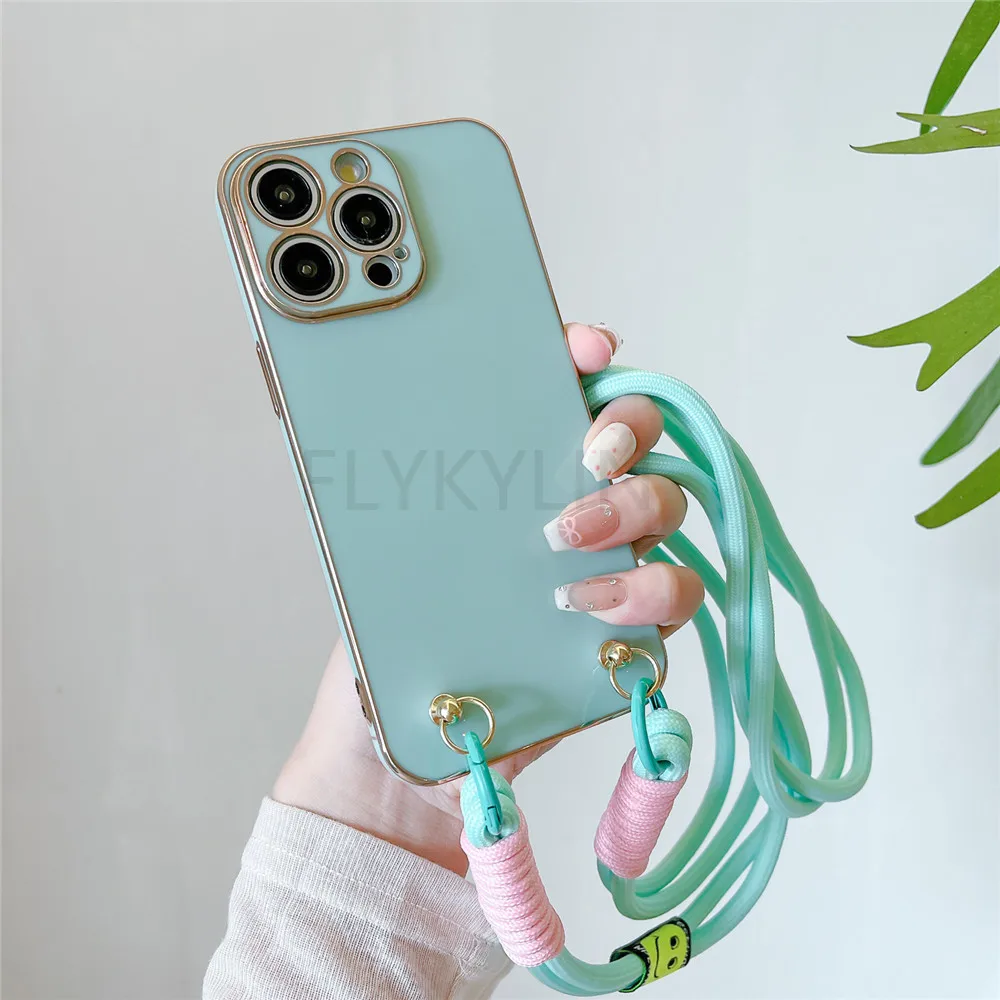 Plating Lanyard Case For iPhone 15 14 13 12 11 Pro Max XS Max X XR 6 8 7 Plus SE 2020 Crossbody Necklace Strap Chain Soft Cover