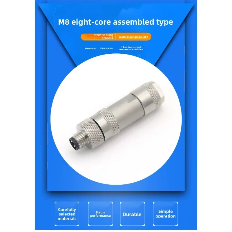 M8 Male Female Head Aviation Plug 3/4 Core All Metal Brass IP67 Waterproof Pin Hole Combined Connector for Power PCB