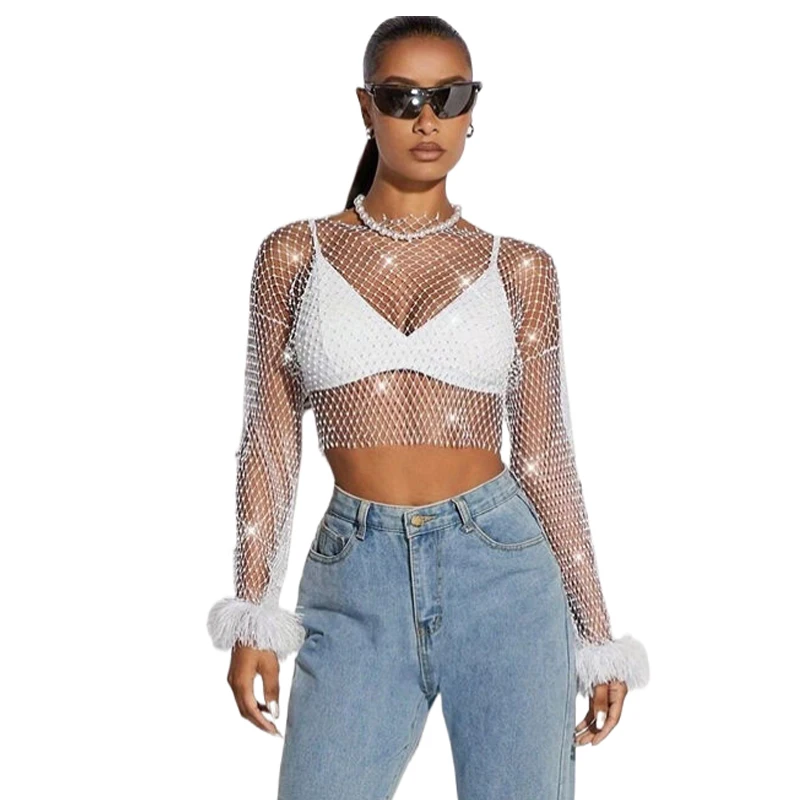 ropa+Mujer Y2K Damen Sexy Durchsichtiges Netz-T-Shirt mit Glitzer, Strass und Straußenfedern, Crop-Top für Nachtclub, Party, Festival – Detail 2