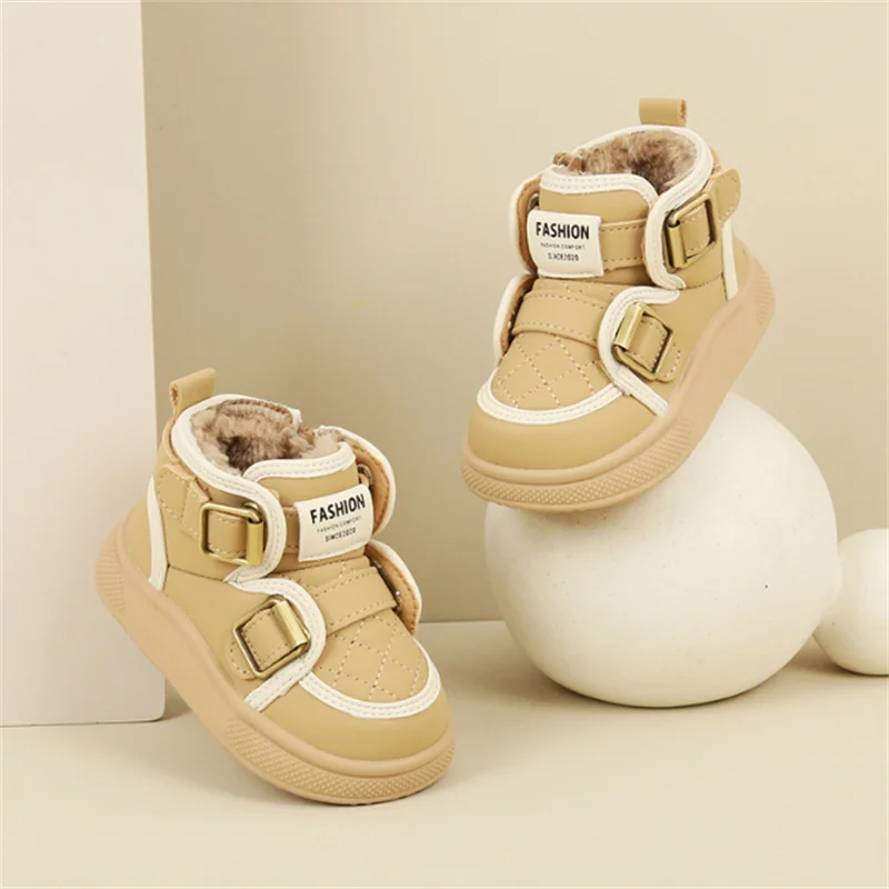 2024 New Winter Baby Shoes Leather Toddler Boys Boots Warm Plush Waterproof Fashion Girls Snow Boots