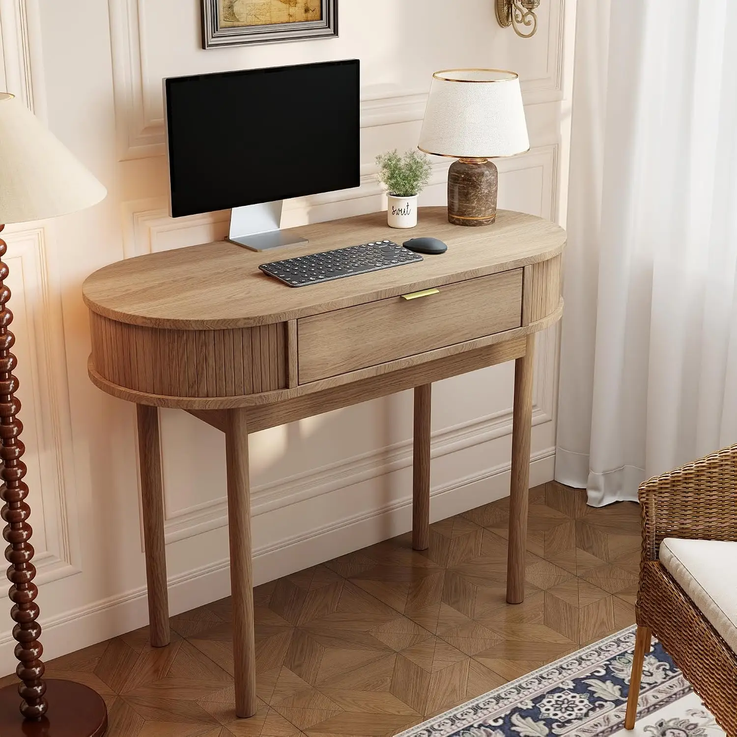 Oval Wood Desk with Drawer,39.37in Small Study Work Computer Gaming Table,PC Storage Desk for Home Office,Customized