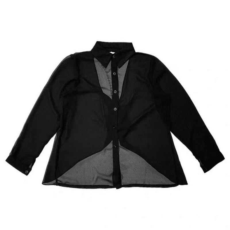 Mulheres Sem Costas Ver Através Blusa com Contas, Chiffon, Turn Down Collar, Preto, Branco, Protetor Solar, Botão Up Camisas, Moda Sexy, LJ558