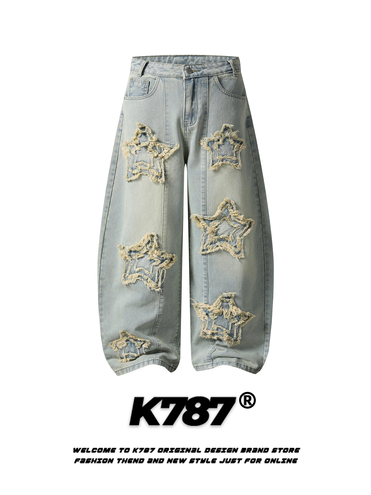 Calça Jeans K787 American Retro Star Hole, Solta, Casual, Perna Larga, Comprimento Longo, para Homens e Mulheres, Moda Jovem ...