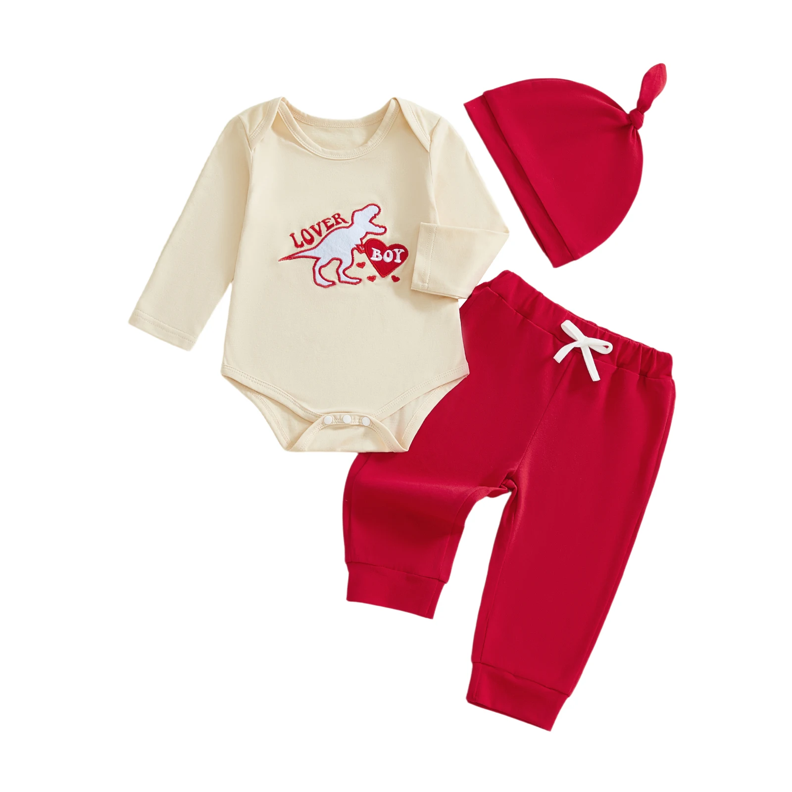 

Valentine s Day Toddler Boys 3 Piece Set with Long Sleeve O Neck Letter Embroidery Jumpsuit Hat and Elastic Waist Pants -