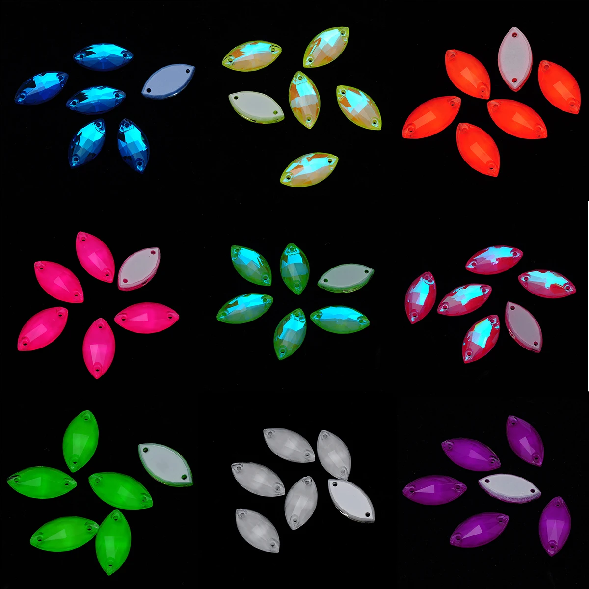 3223 Navette Neno Fluoreszierende Leuchtende Acryl-Nähsteine, abgeschrägte Kristallsteine für Jacken und Kleidung – Detail 1