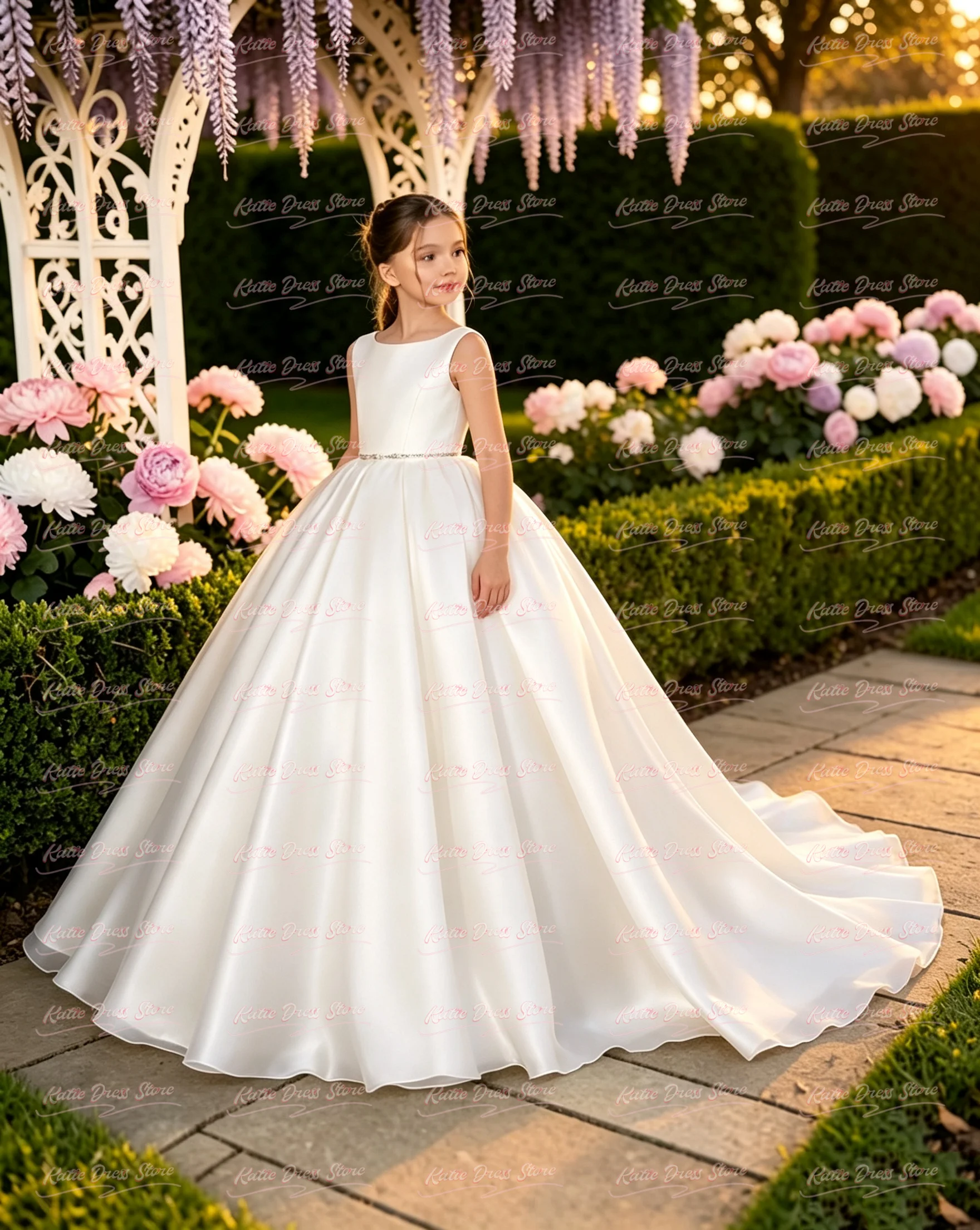 Flower Girl Dress For Wedding Puffy Sleeveless Beading Princess Kids Birthday Party First Communion Ball Gowns Customized