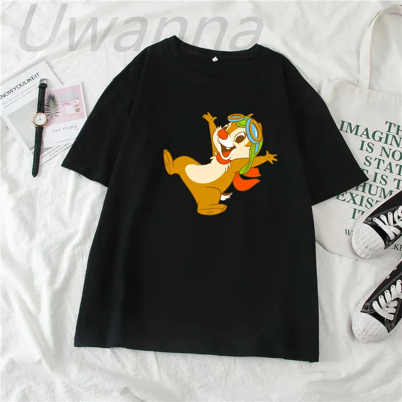 Camiseta con estampado de Chip y Dale para mujer, camiseta de manga corta, Tops blancos informales, camiseta negra Kawaii, camiseta gráfica de