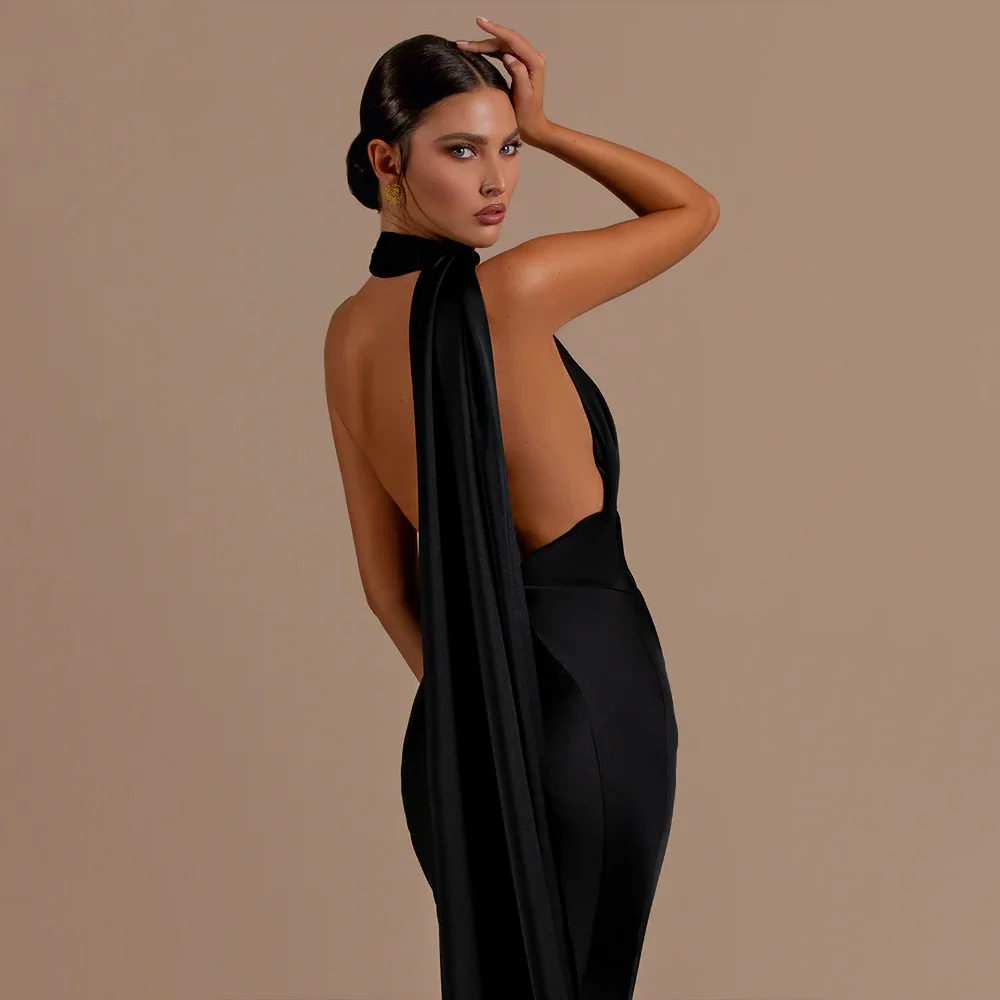 Vestidos de Noche de satén negro para mujer, vestidos de sirena hasta el suelo sin mangas con cuello Halter a la moda, vestidos de fiesta de boda clásicos elegantes