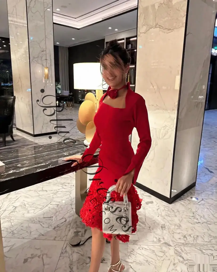 customized Red Mermaid Prom Dress for Women Collar Short Vestidos de Fiesta Ruffles Long Sleeve Cocktail Robes Customized Formal