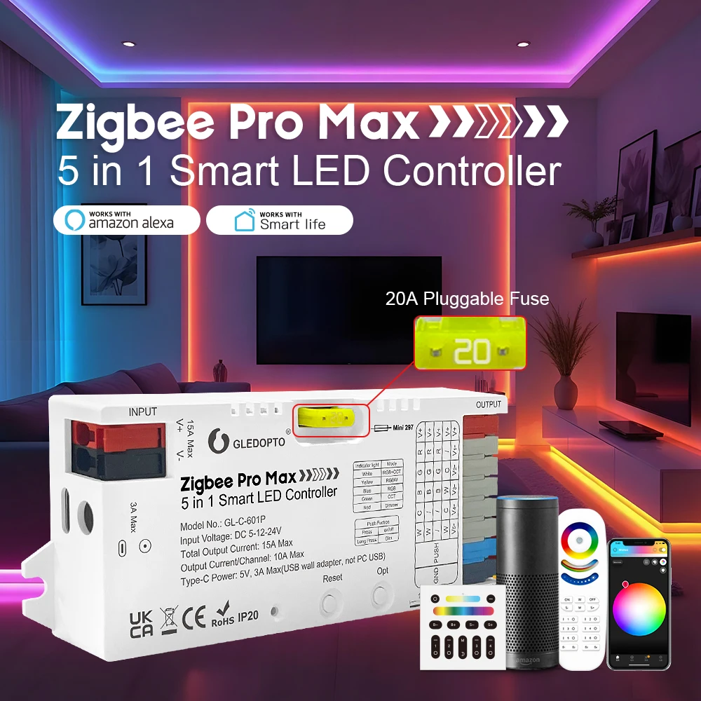 ZigBee LED Strip Light Smart Controller Pro 5 in 1 RGBCCT RGBW RGB CCT Dimmer PWM Dimming 20A Pluggable Fuse App Voice Control