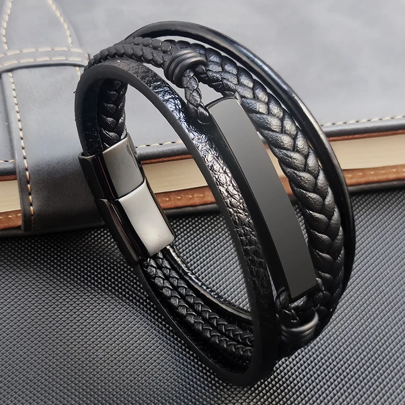 MingAo Free Custom Luxury Black Stainless Steel Family Name ID Bracelets for Men,Braided Leather Rope Chain Wristband Jewelry