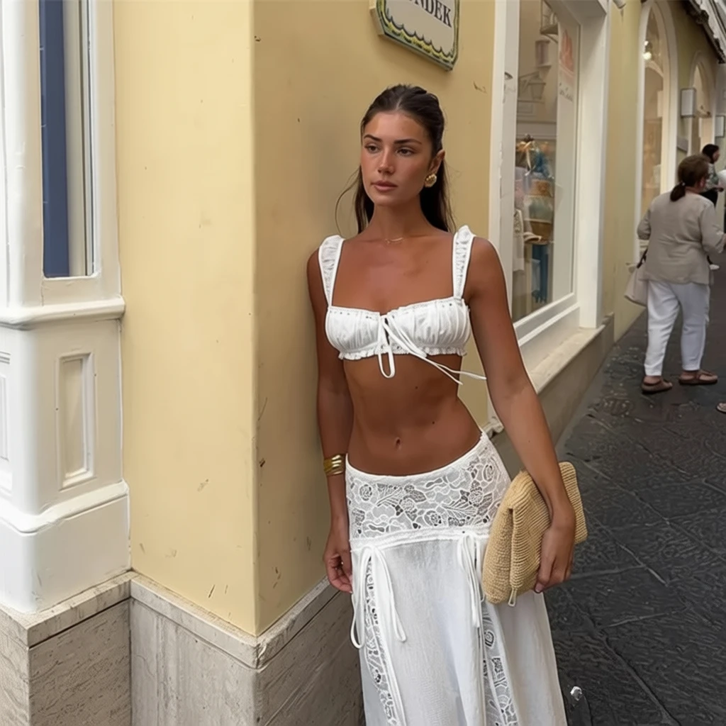 Suninheart Set coordinato da donna bianco Y2k vintage in pizzo con scollo quadrato, top corto e gonna lunga, abito da vacanza, abbigliamento da spiaggia Boho