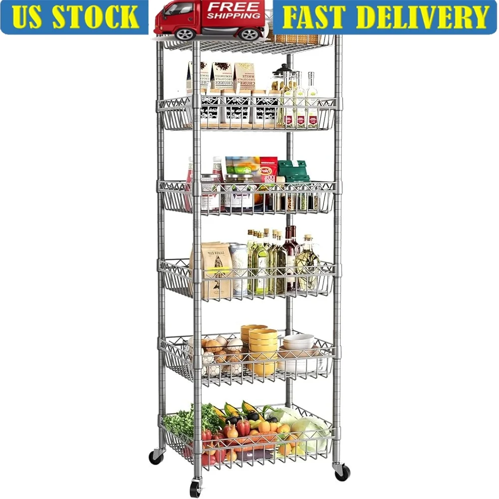 

6-уровневый проволочный стеллаж с колесиками, регулируемый металлический стеллаж для хранения, корзины, органайзер для кухни, ванной комнаты, шкафа, прачечной
